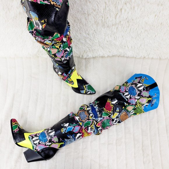 Kelsey / Hilda Western Thigh high slouch cowboy boots Multi Color Snake - Picture 10 of 12